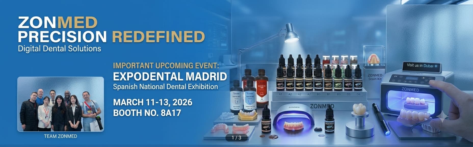 ZonmedTech professional exhibition booth at AEEDC Dubai 2026, showcasing digital dental solutions