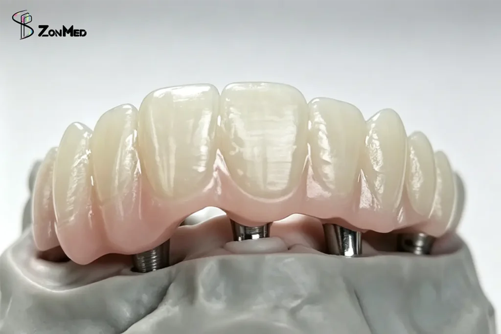 Zonmed Undyed White Zirconia Implant Bridge - Monolithic Zirconia Full-Arch Restoration on Model