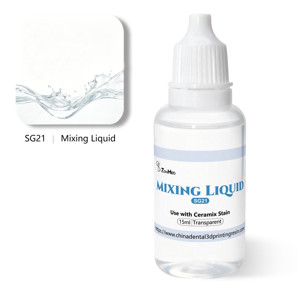 SG21 dental mixing liquid for Ceramix Stain, 15ml transparent bottle used for precise prosthetic coloring and dilution.