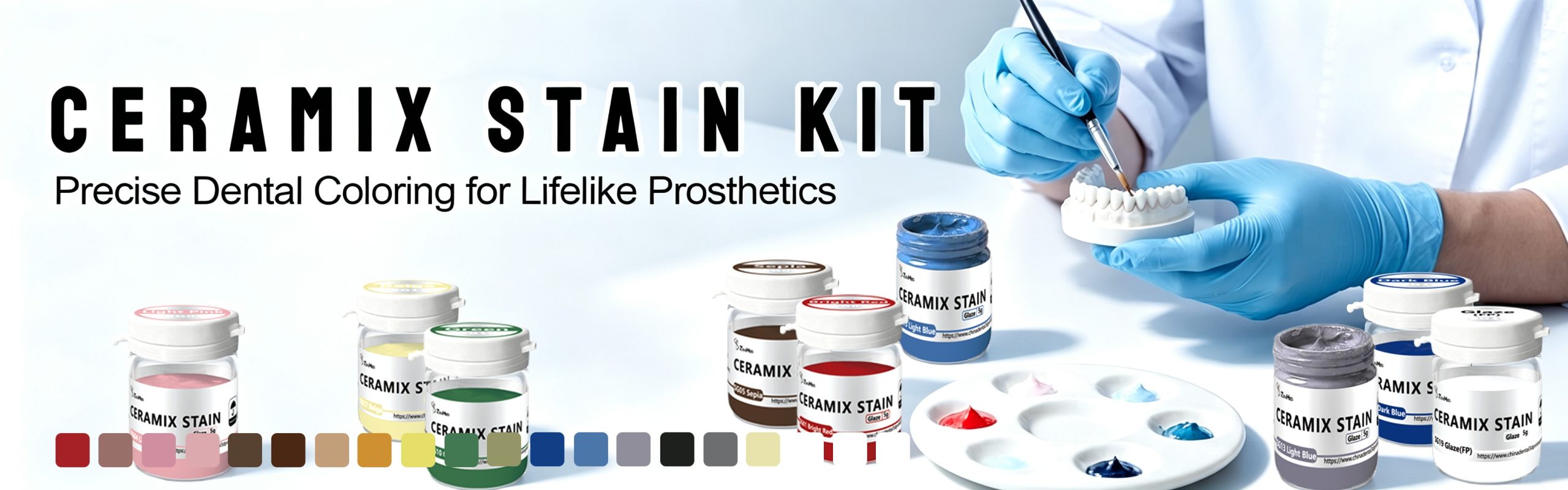 Professional dental Ceramix stain kit featuring various colors for lifelike dental restorations and prosthetics.
