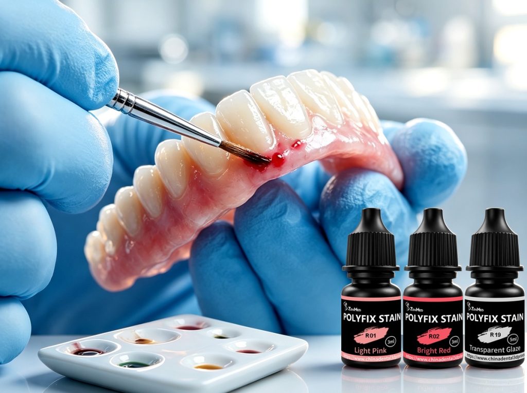 Zonmed Polyfix Stain Dental Restoration Staining Treatment Step 2 Applying Stain and Glaze on Denture Base