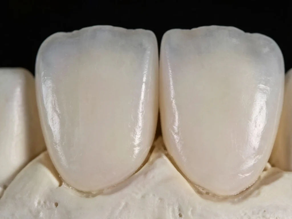 Zonmed Uncolored Glass Ceramic Crowns on Model Showing Precise Marginal Fit