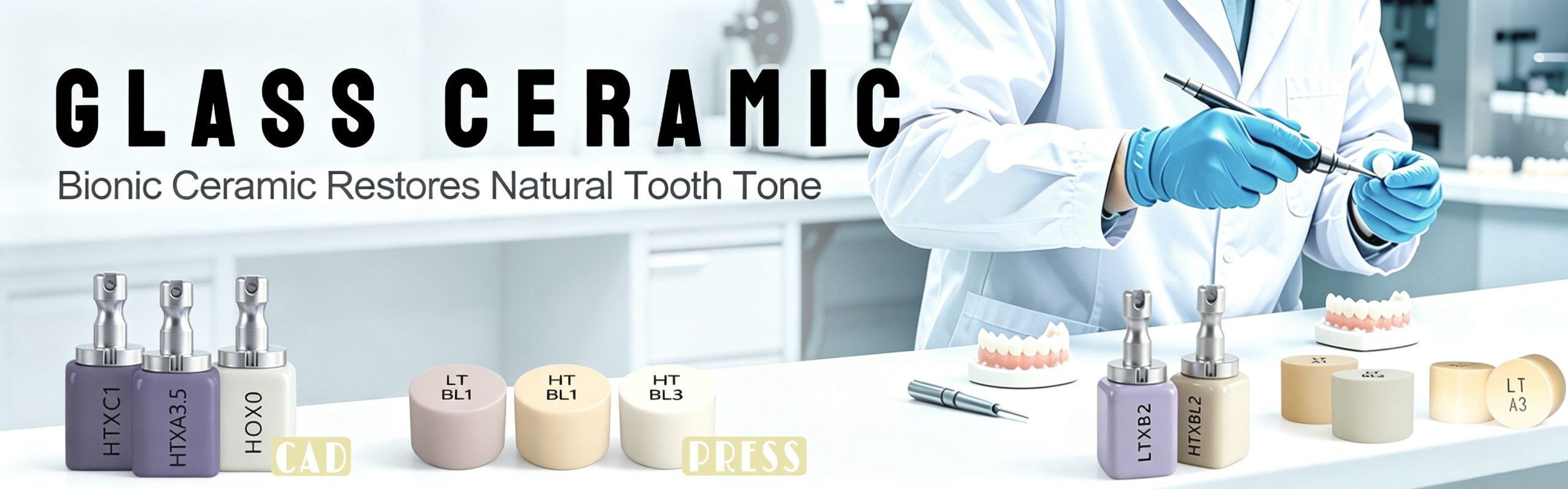 High-strength Glass Ceramic dental blocks for CAD/CAM milling and press techniques, restoring natural tooth shade and aesthetics.