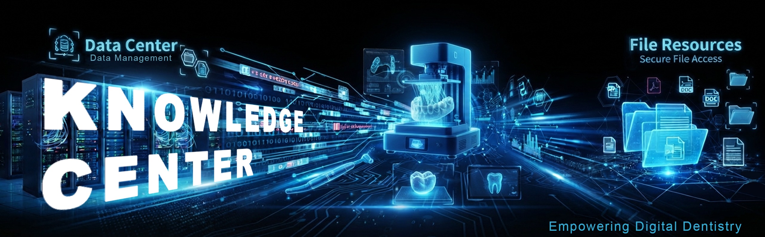 Knowledge Center banner with data center and file resources, empowering digital dentistry