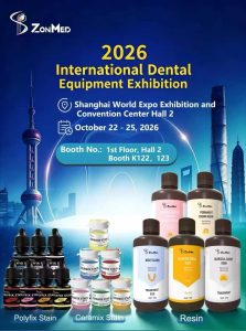 ZONMED products on display at DenTech China 2026: Polyfix Stain bottles, Ceramix Stain jars, and dental 3D printing resins including Night Guard, Planting Model and Surgical Guide