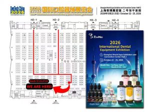 ZONMED official poster for DenTech China 2026, October 22–25, 2026, Shanghai World Expo Exhibition and Convention Center Hall 2, Booth K122, K123, featuring Polyfix Stain, Ceramix Stain and dental 3D printing resins